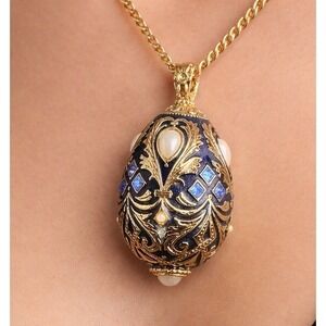 Vintage Russian Style Blue Enamel Gold Tone Pearl Ornate Egg Pendant Necklace